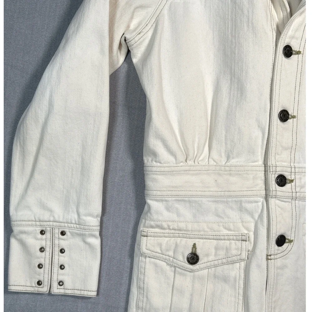 Earl Jean White Denim Jacket Women Large Button Pockets Studded Cuffs Trucker